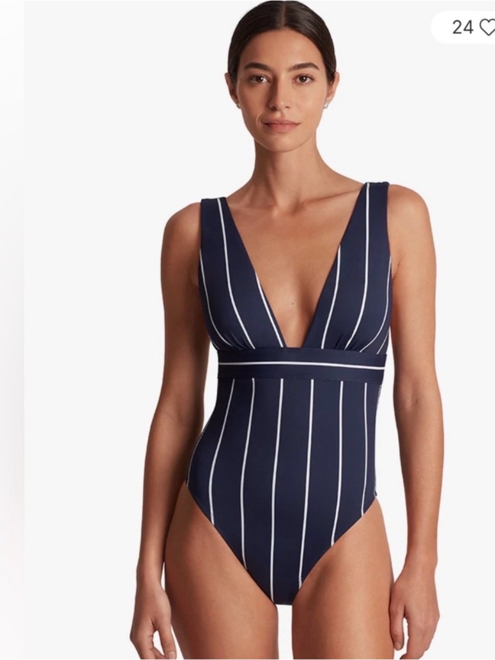 Ralph Lauren Navy and White Striped Deep V One-Piece Swimsuit